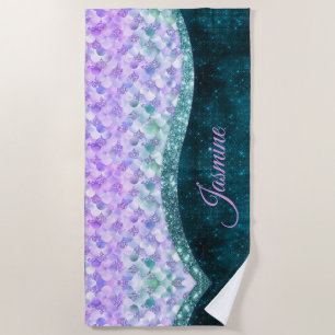 Serviette De Plage Masque de peau de sirène turquoise argent faux par