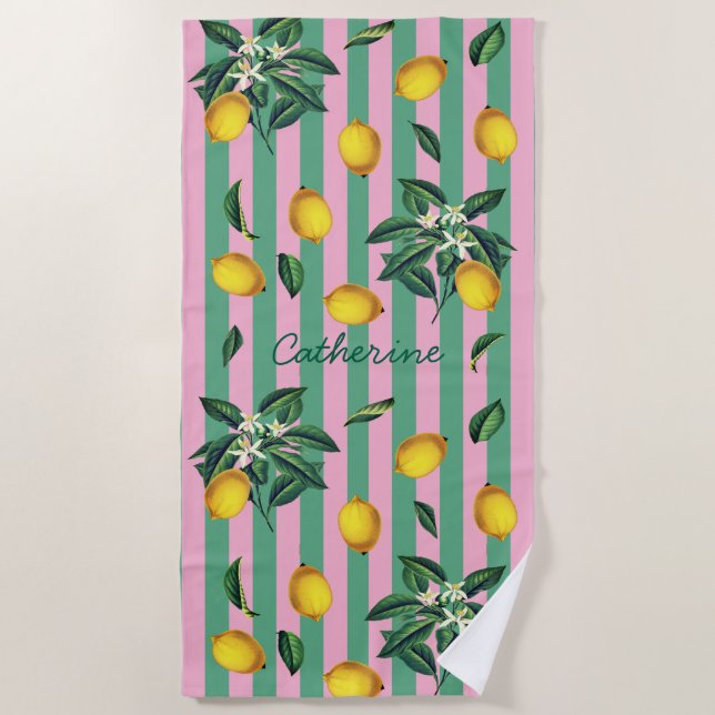 Serviette De Plage Mediterranean Lemons Pink Green Stripes Name (Devant)