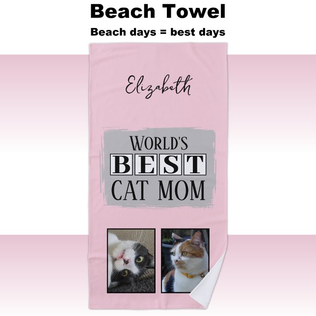 Serviette De Plage Meilleur chat maman 2 photo nom rose gris (Créateur téléchargé)