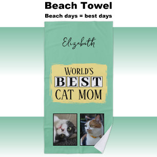 Serviette De Plage Meilleur chat maman 2 photo nom vert jaune