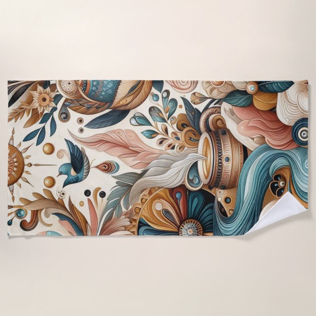 Serviette De Plage Mélange bohème de fleurs turquoises, magenta, viol (Devant)