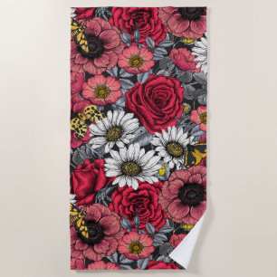 Serviette De Plage Mélange de fleurs en rouge et gris