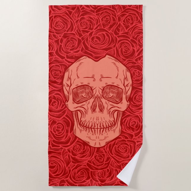 Serviette De Plage Memento Mori ! Crâne et Roses, main tirée (Devant)