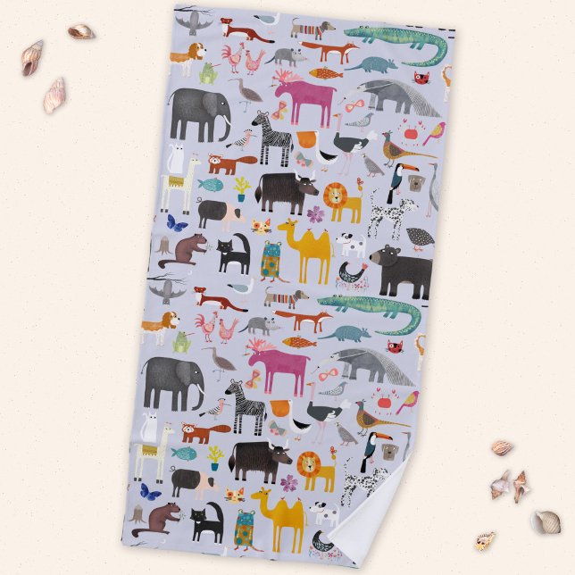 Serviette De Plage Ménagerie animale (Fun animal menagerie with wild, safari, zoo and pet animals and birds pattern beach towel)
