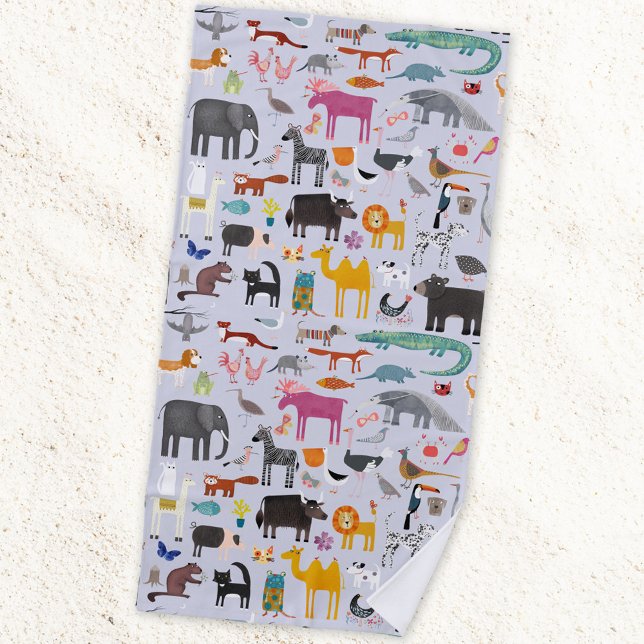 Serviette De Plage Ménagerie animale (Fun animal menagerie with wild, safari, zoo and pet animals and birds pattern beach towel)