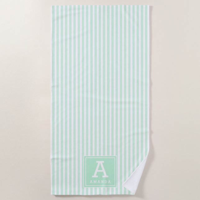Serviette De Plage Menthe Vert Cabana Grilles Initiales Monographiées (Devant)