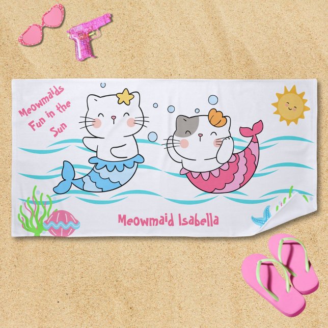 Serviette De Plage Meowmaids Mermaid Chats amusants au soleil Mercats (Créateur téléchargé)