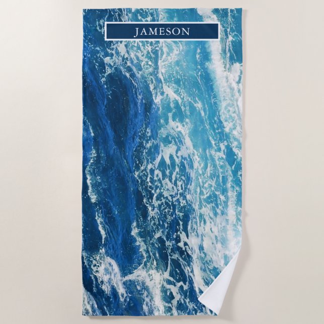 Serviette De Plage Mer bleue ondulée personnalisée (Devant)