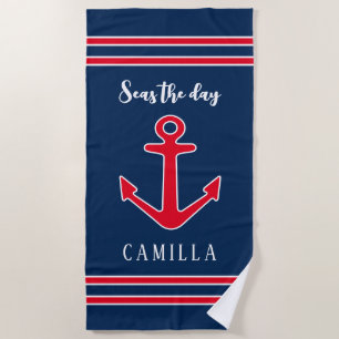 Serviette De Plage Mer jour Ancrage nautique bleu et rouge coutume