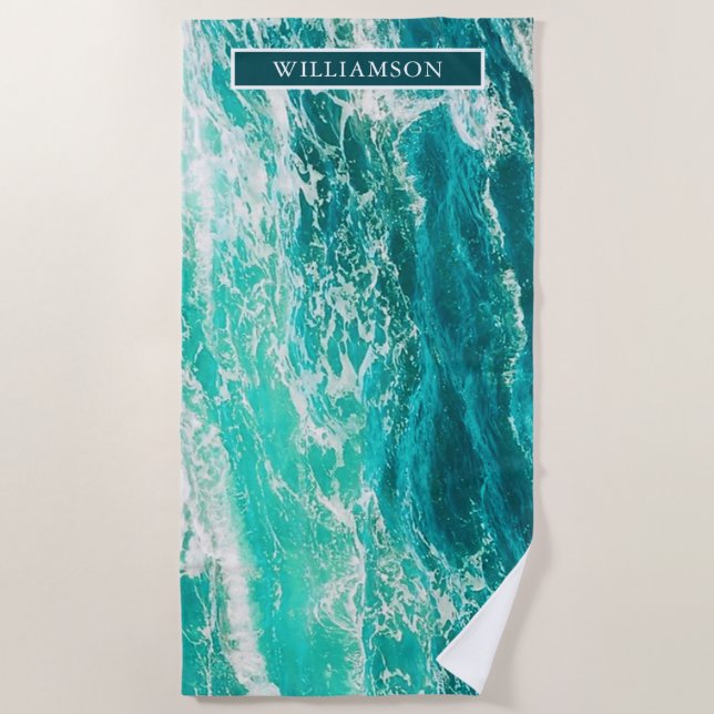 Serviette De Plage Mer Turquoise personnalisée et vagues (Devant)