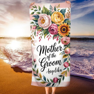 Serviette De Plage Mère du Marié Rayures Roses Fleurs Mariage 