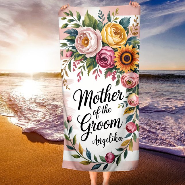 Serviette De Plage Mère du Marié Rayures Roses Fleurs Mariage  (Créateur téléchargé)