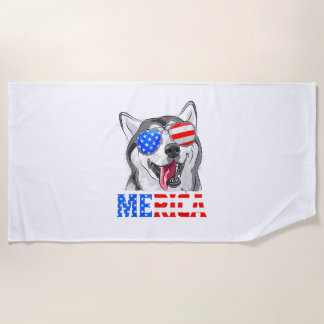 Serviette De Plage Merica Chien Sibérien Husky Drapeau Américain 4 Ju