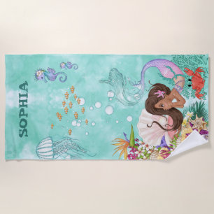 Serviette De Plage Mermaid Cute Cheveux foncé Starfish Green Personne
