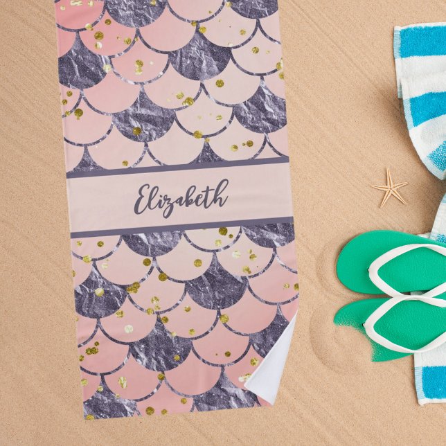 Serviette De Plage Mermaid écailles pêche rose nom pourpre (Créateur téléchargé)