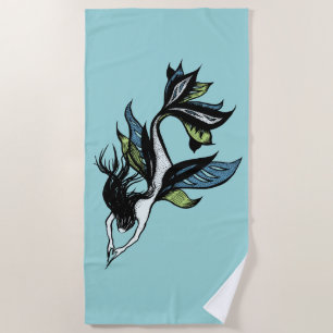 Serviette De Plage Mermaid gothique Beau dessin d'encre bleue verte