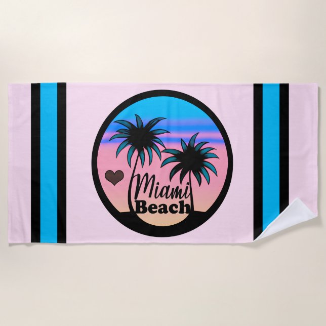 Serviette De Plage Miami Beach Bleu et Palmiers roses (Devant)