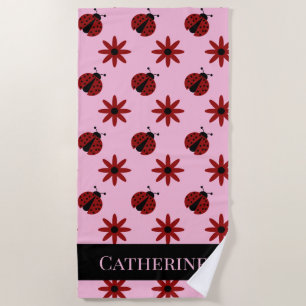 Serviette De Plage mignon nom personnalisé ladybugs fleurs personnali