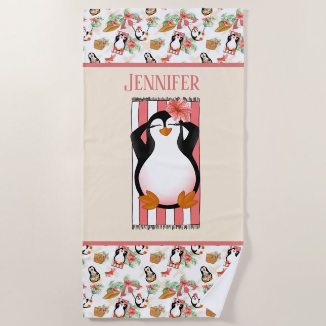 Serviette De Plage mignon pingouin de plage ajouter le nom Beach Towe (Devant)
