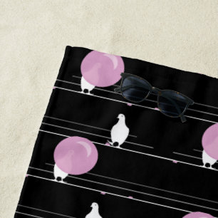 Serviette De Plage Mignonne Bubblegum Birds sur un Motif de fil Noir