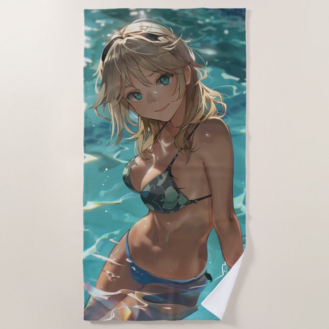 Serviette De Plage Mignonne fille anime dans une piscine (Devant)