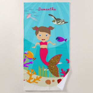 Serviette De Plage Mignonne fille de sirène dans l'océan coloré