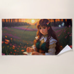 Serviette De Plage Mignonne Sad Anime Style Femme dans le pré au couc