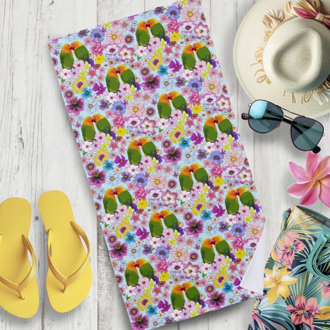Serviette De Plage Mignons Inséparables Fleurs Tropicales Oiseau Roma (Créateur téléchargé)