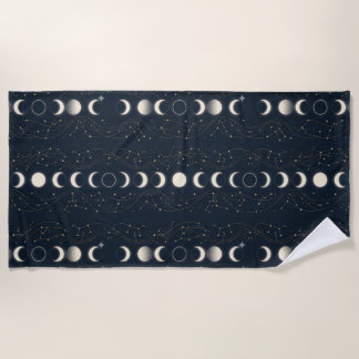 Serviette De Plage Minimalist Lunar Phases Pattern with Stars and Nig
