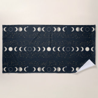 Serviette De Plage Minimalist Lunar Phases Pattern with Stars and Nig