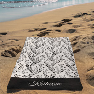 Serviette De Plage Minimaliste Vintage Fleurie Noir Crème Script