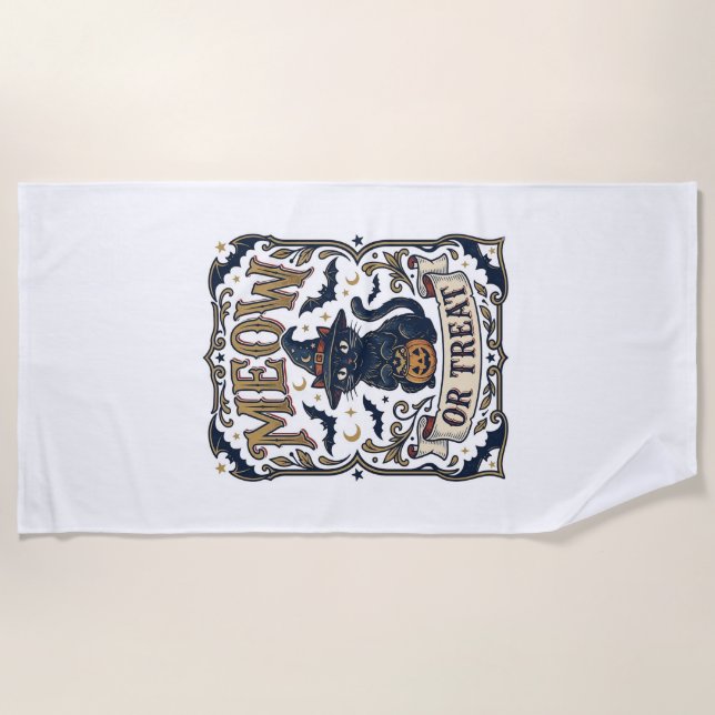 Serviette De Plage Minou ou traiter Chat Halloween Chat Fantomatique  (Devant)