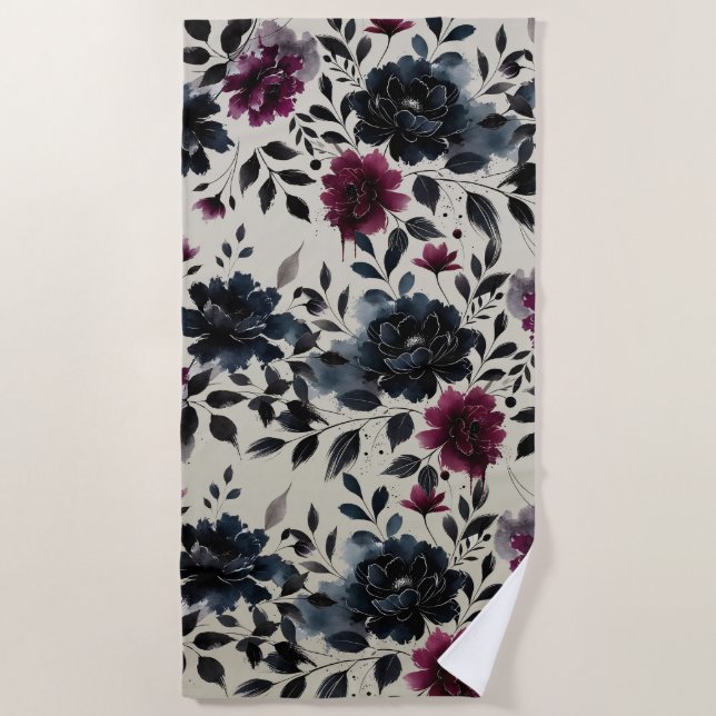 Serviette De Plage Minuit Bleu Bourgogne Inky Floral Almond Beige (Devant)
