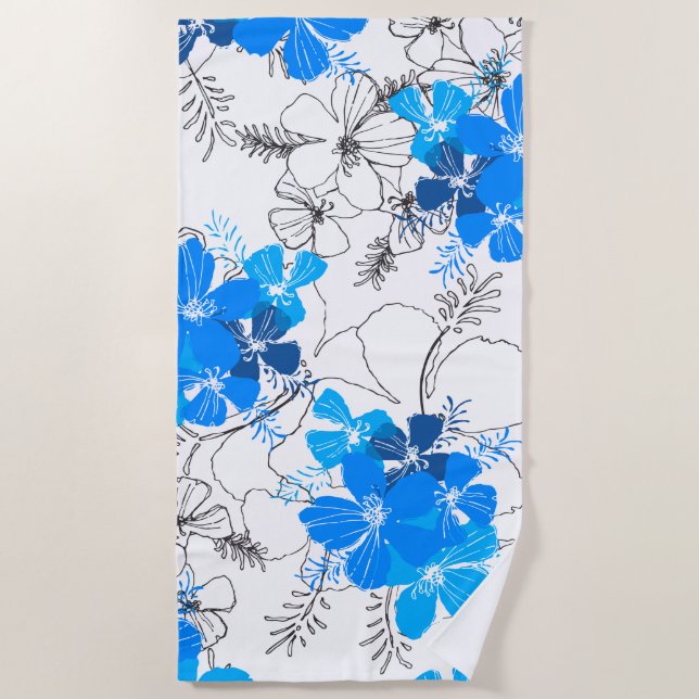 Serviette De Plage Minuit Jardin Hawaii Hibiscus Floral Bleu (Devant)