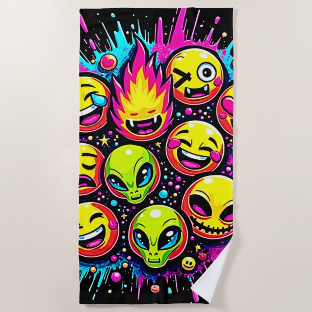 Serviette De Plage Mix Neon Funky Emoji (Devant)