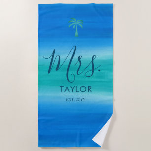 Serviette De Plage Mme. Beach Ombre Océan Bleu Vert Cadeau de Mariage