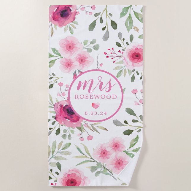 Serviette De Plage Mme Date Fleurs Aquarelle Rose Tendre (Devant)