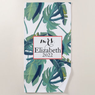Serviette de plage Mme feuille tropicale & typogra