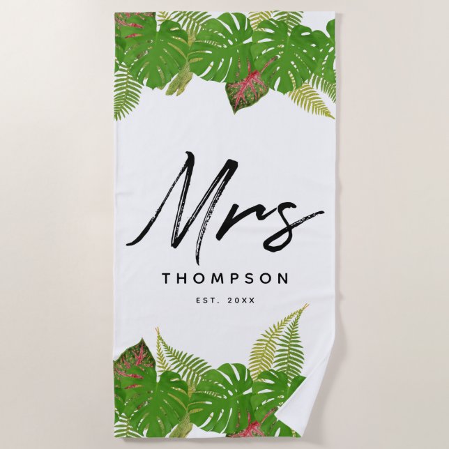 Serviette De Plage Mme Feuilles Tropicales Modernes Écriture Minimali (Devant)