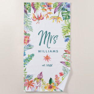 Serviette De Plage Mme Jeune Mariée Floral Tropical Aquarelle Script