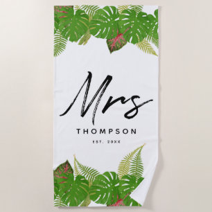 Serviette De Plage Mme Modern Tropical Feuilles Script minimaliste
