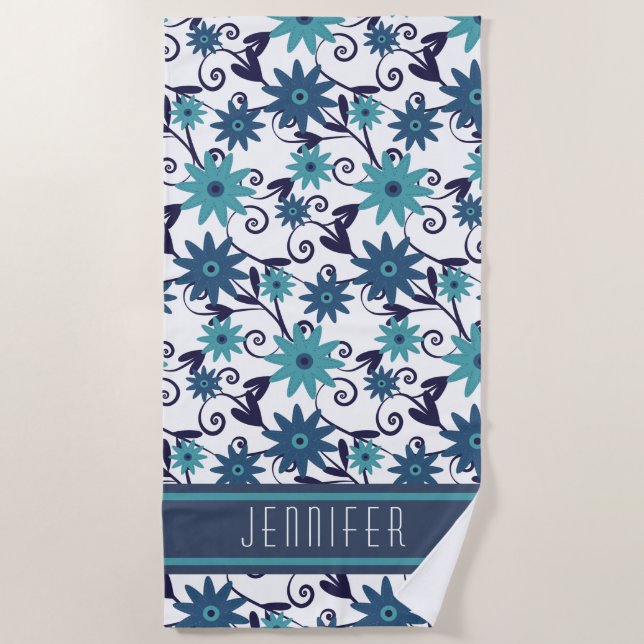 Serviette De Plage Modèle Floral Bleu Personnalisé (Devant)
