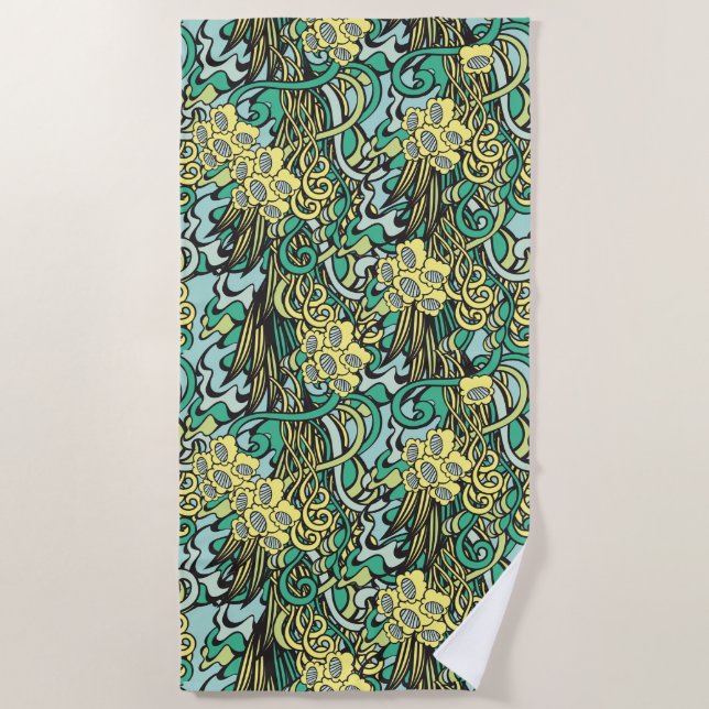 Serviette De Plage Modèle floral jaune et vert unique (Devant)