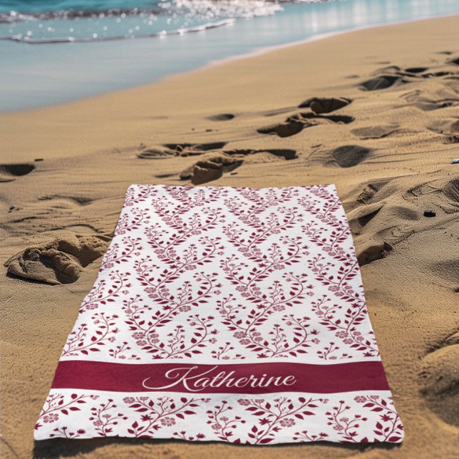 Serviette De Plage Modern Minimalist Burgundy Red White Floral Script (Créateur téléchargé)