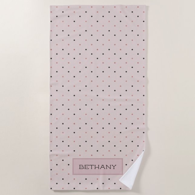 Serviette De Plage Modern Rose Gold and Black Dots Personalised (Devant)