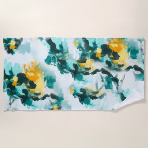 Serviette De Plage Moderne Abstrait Turquoise et Jaune Peint Design L
