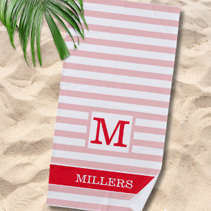 Serviette De Plage Moderne Cabana Rayée Rose Et Rouge Avec Monogramme