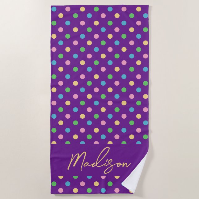Serviette De Plage Moderne Chic Points Polka Personnalisé Violet (Devant)
