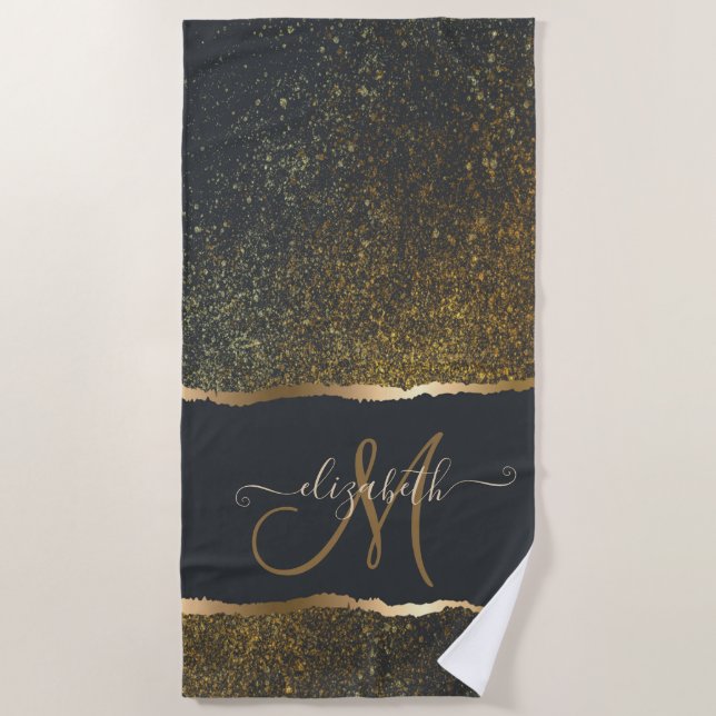 Serviette De Plage Moderne Élégant Monogramme au Touché d'Or (Devant)