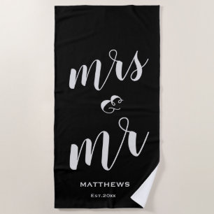 Serviette De Plage Moderne Élégant Noir Mme & M. Nom Date Personnalis